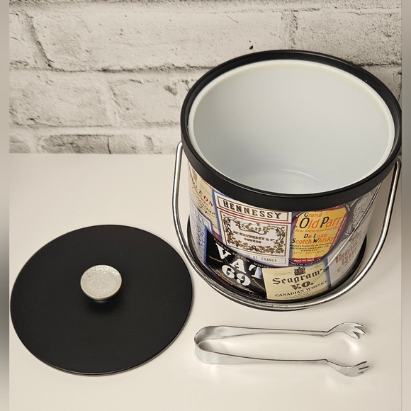 Vintage Whisky Label Ice Bucket w/ Tongs | Retro Barware Bar Cart Decor - Picture 8 of 12